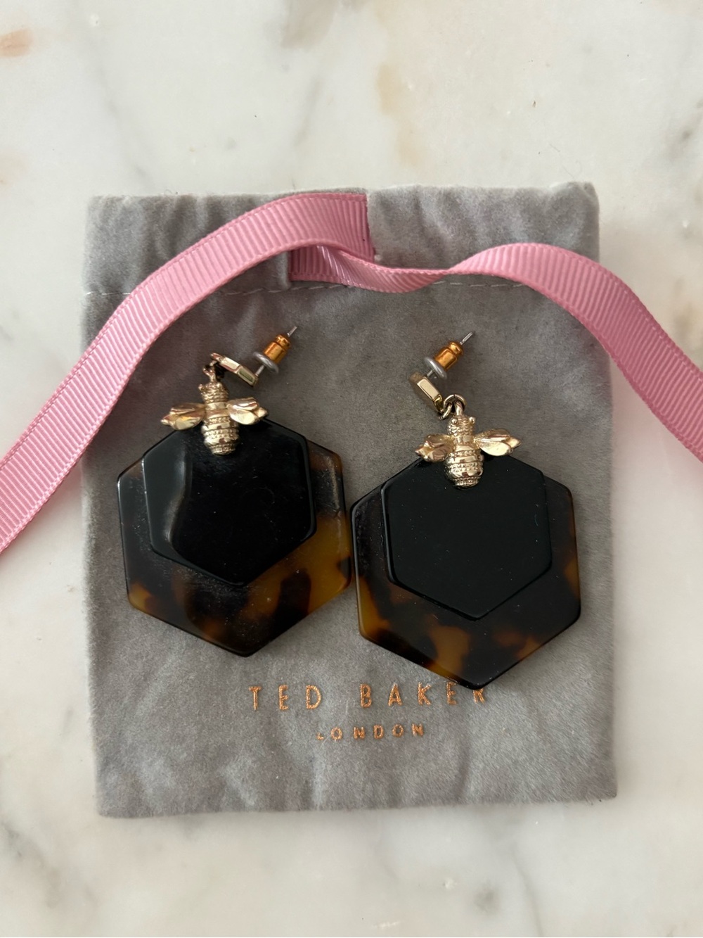 Ted Baker Honeybee Tortoiseshell Hexagon Drop Earrings - Black & Brown